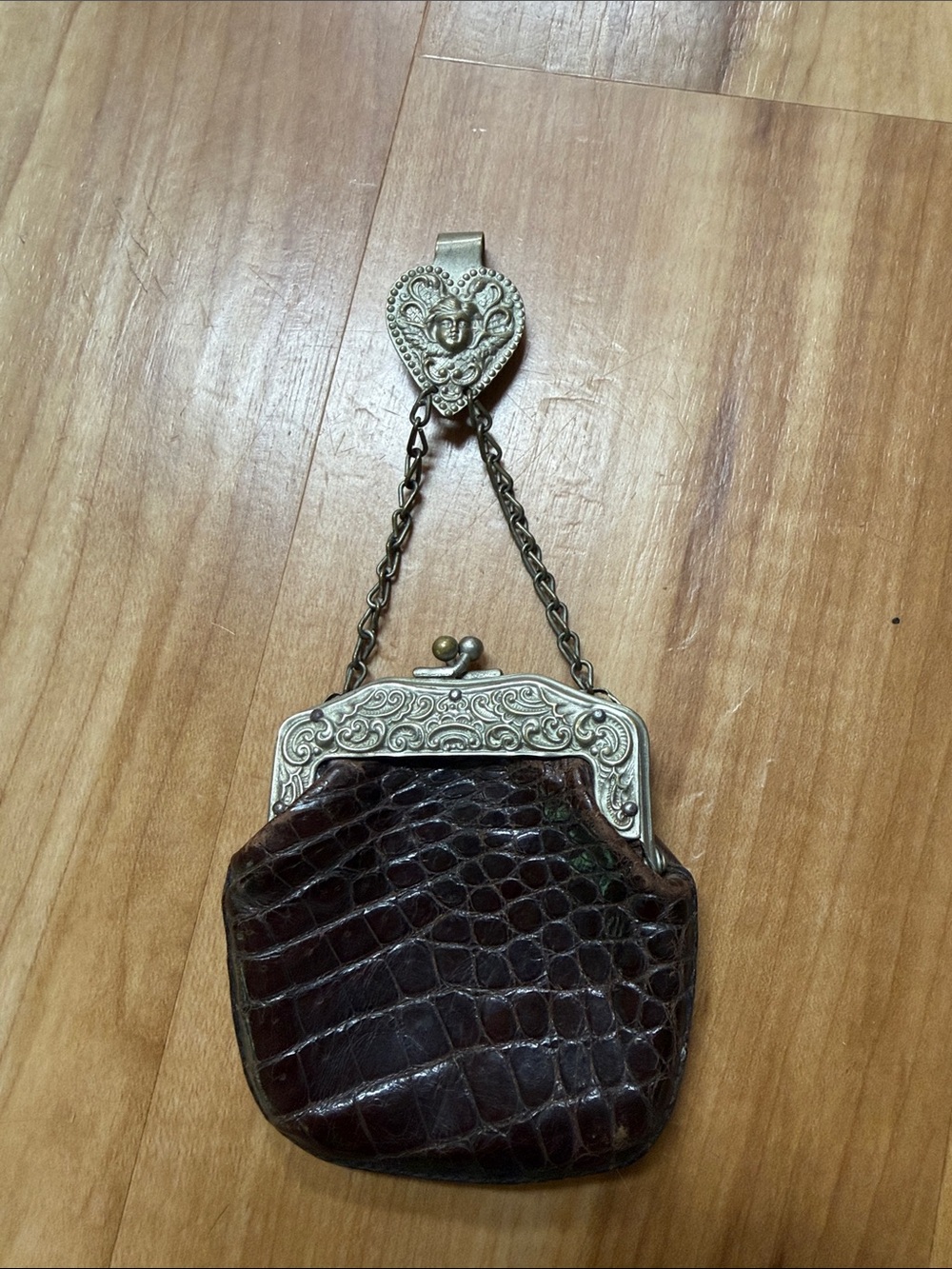 RARE Vintage leather 40’s change purse with angel detail